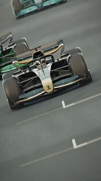 Generic formula one race cars racing along the homestretch over the finish line. Dynamic front view camera. Multiple race cars. 3d animation rendering. Generic new 2025 black and gold car design