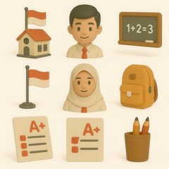 Cartoon illustrations of school supplies and students.