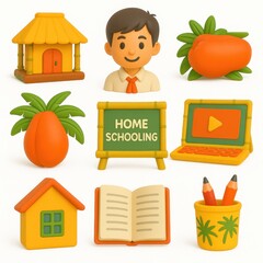Colorful cartoon icons of home schooling and tropical elements.