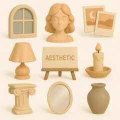 A collection of pastel-toned, 3d decorative home goods.