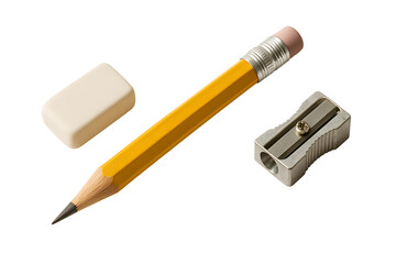 Pencil eraser and sharpener set isolated on transparent background