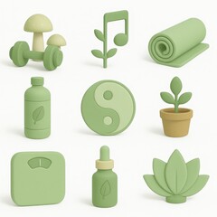 Collection of minimalist, pastel green icons representing wellness and holistic living.