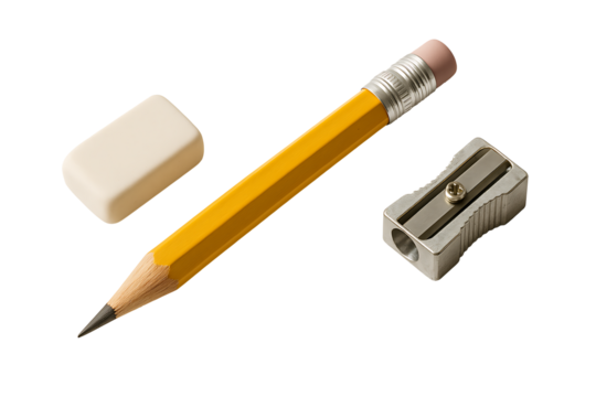 Pencil eraser and sharpener set isolated on transparent background