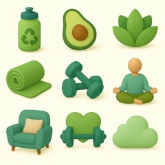 Collection of green healthy lifestyle icons.
