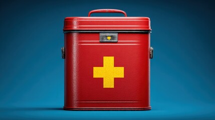 Red first aid kit medical box with yellow cross symbol on blue background.