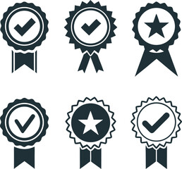 Set of Award Ribbon Badges Featuring Checkmarks and a Star Symbolizing Quality Approval and Certification with Decorative Ribbon Designs