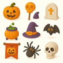 Colorful halloween themed icons set on white background.