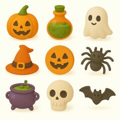 Collection of halloween themed cartoon illustrations.