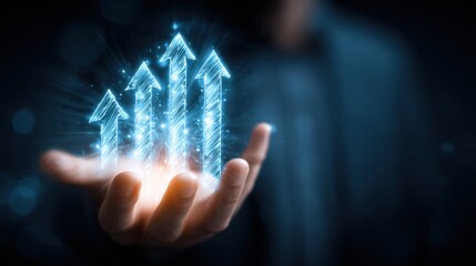 Man holding glowing digital arrows pointing upward representing growth and progress.