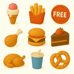 Cute, stylized icons of various fast food items.