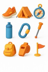 Collection of colorful camping and hiking equipment icons.