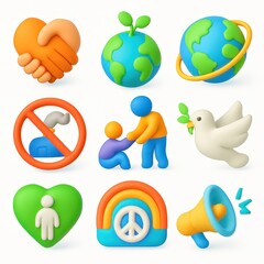 Collection of 3d stylized icons conveying concepts of peace, love, and environmental awareness.