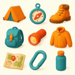 Colorful cartoon camping equipment icons.