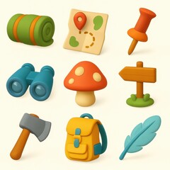 Colorful cartoon camping icons set.