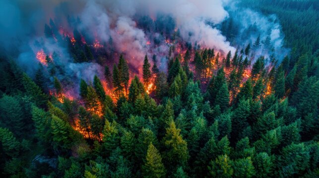 Forest wildfire burning through dense green trees causing smoke and flames.