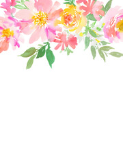 Vector frame of abstract pink peonies, roses and wild flowers painted in watercolor for banner and web. Hand painted floral background with transparent background.