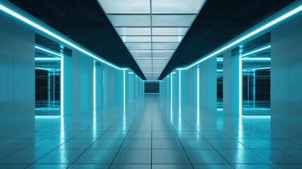 Futuristic brightly lit hallway in a modern high-tech data center with neon blue lighting.