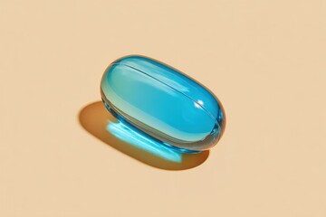 Close-up of a shiny blue gel capsule pill on beige background with shadow detail.