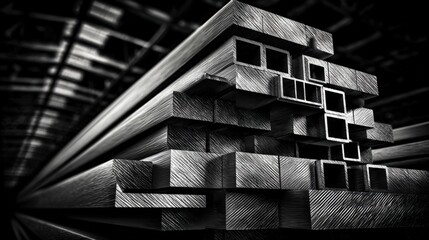 Modern abstract architecture design featuring stacked wooden beams and geometric square patterns.