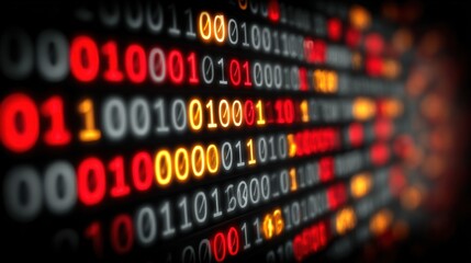 High Contrast Digital Data Stream with Binary Code in Bright Colors on Dark Background.