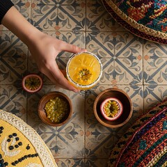 A hand reaching for a vibrant Passionfruit Margarita in a salt-rimmed glass, a small wooden bowl holding half a fresh passion fruit