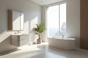 Modern bathroom with white wall. Minimalist bathroom featuring clean white marble. Ideal for luxury interior design concepts