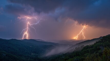 Dramatic lightning storm over mountain landscape with dark clouds and vibrant flashes.
