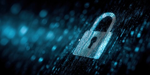 Digital Security Concept with Lock Icon and Binary Code Falling in Background.