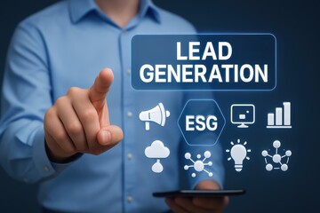 Person pointing at lead generation icons on a digital interface.