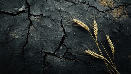 Dried wheat on cracked, dark earth