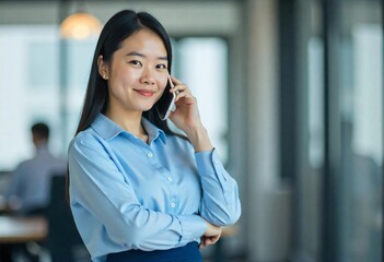 Confident Asian Businesswoman on Mobile Phone Call in Modern Office