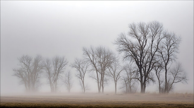 Foggy morning landscape with bare trees silhouetted against a gray november sky creating a quiet misty atmosphere and peaceful seasonal mood