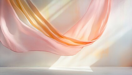 Delicate, flowing fabric in soft peach and beige hues, illuminated by natural light