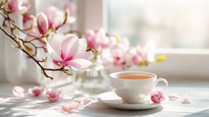 Elegant white cup of tea or coffee with pink magnolia flowers on table near window.