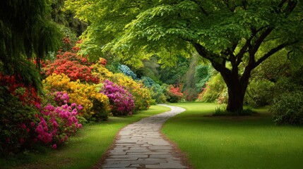 Obraz premium Serene lush green park with colorful flowering bushes and winding stone pathway.