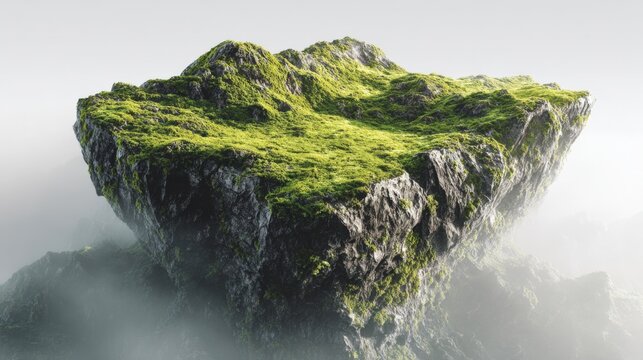 Towering moss-covered rocky mountain peak in misty atmosphere with vibrant greenery. - Powered by Adobe