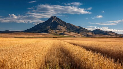 Fototapeta premium Majestic mountain landscape with golden grass field under blue sky and clouds.