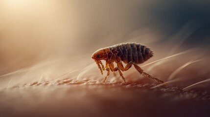 Close-up of a tiny termite crawling on a textured wooden surface in warm natural light.