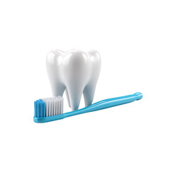White tooth and blue toothbrush isolated on a transparent background, in a PNG format