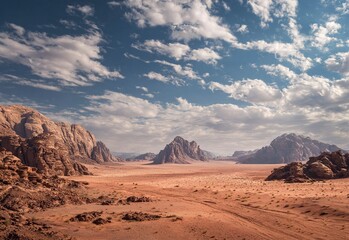 Naklejka premium The Wadi Rum desert landscape in Jordan features red rocks and mountains. This stock photo showcases a beautiful sky. 