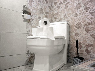 There are many rolls of toilet paper lying on the toilet lid in the bathroom of the apartment.