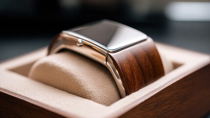 Elegant modern smartwatch with wooden strap and sleek digital display for fashion.