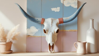 Painted cow skull with pastel landscape art.