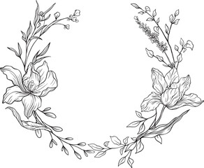 Elegant black and white floral wreath of finely detailed blossoms and leaves arranged in a soft circular flow botanical grace meets natural harmony in this intricate lineart illustration