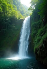 Lush waterfall cascading down a verdant gorge.