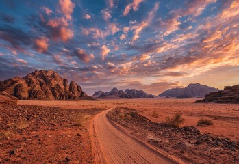 Naklejka premium The Wadi Rum desert landscape in Jordan features red rocks and mountains. This stock photo showcases a beautiful sky. 