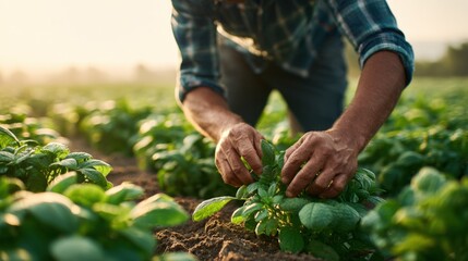 Man harvesting fresh leafy greens in a lush farm during sunny day with sunlight.
