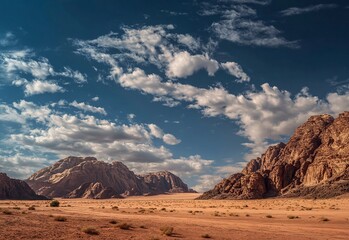 Naklejka premium The Wadi Rum desert landscape in Jordan features red rocks and mountains. This stock photo showcases a beautiful sky. 