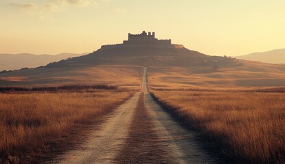 Sunrise road to ancient castle, golden hills