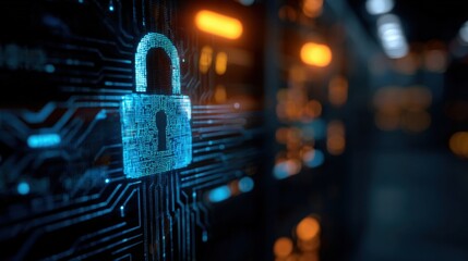 High tech digital security lock icon illuminated with vibrant blue and orange lights.